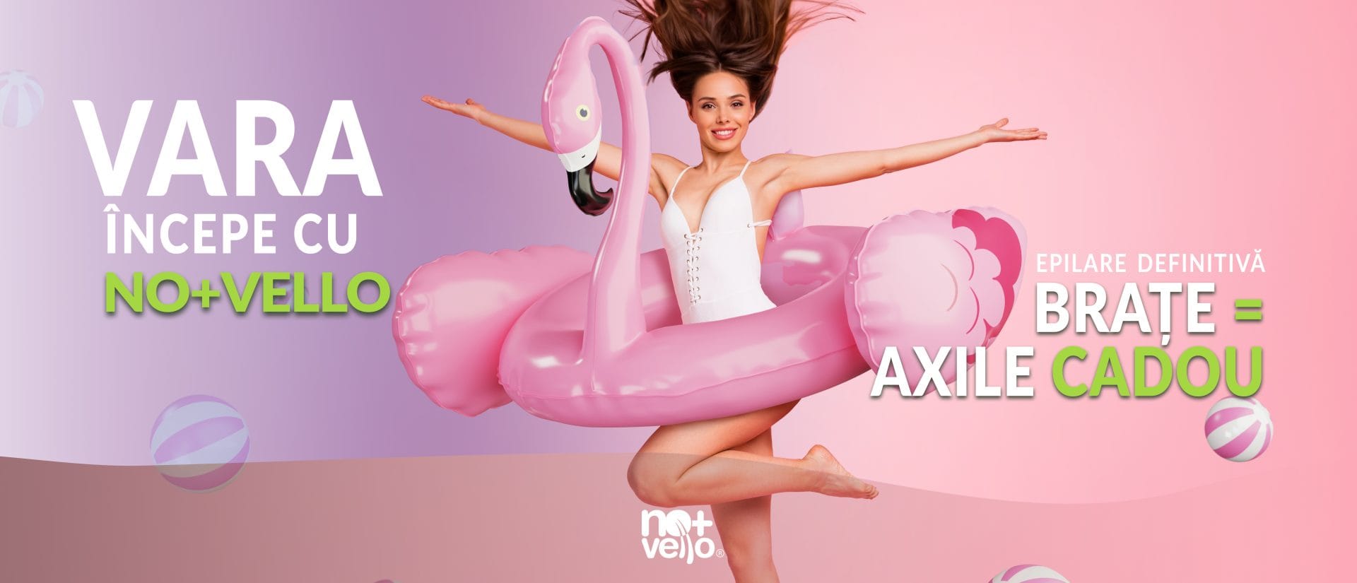 Oferta vara epilare definitiva cu fata in costum de baie si colac flamingo.