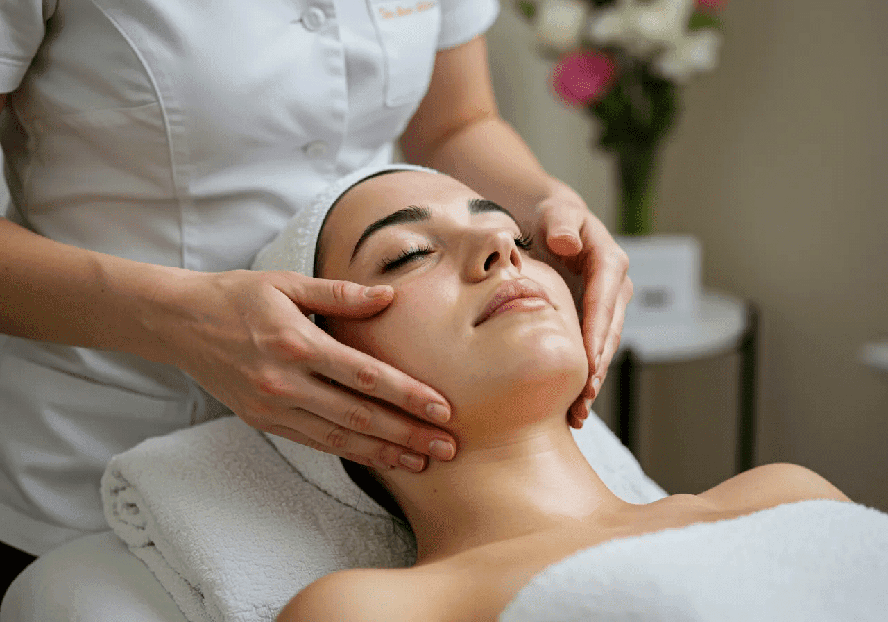 beneficii ale masajului facial pentru ten00002 A photorealistic shot capturing a woman receiving a facial massage, focusing on the hands of the therapist performing gentle circular motions on the client's face. The image should show the relaxed expression of the client and the careful, precise movements of the massage technique.