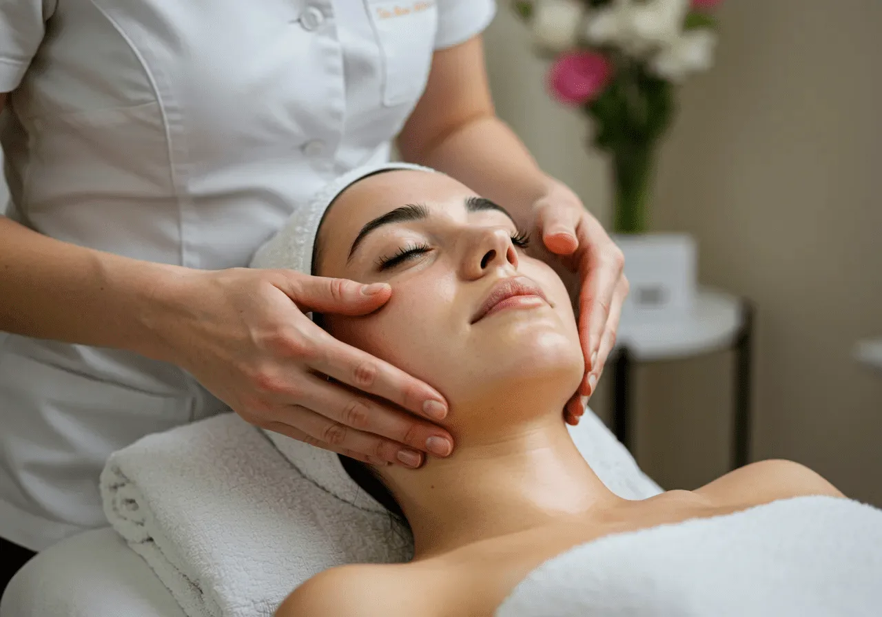 beneficii ale masajului facial pentru ten00002 A photorealistic shot capturing a woman receiving a facial massage, focusing on the hands of the therapist performing gentle circular motions on the client's face. The image should show the relaxed expression of the client and the careful, precise movements of the massage technique.