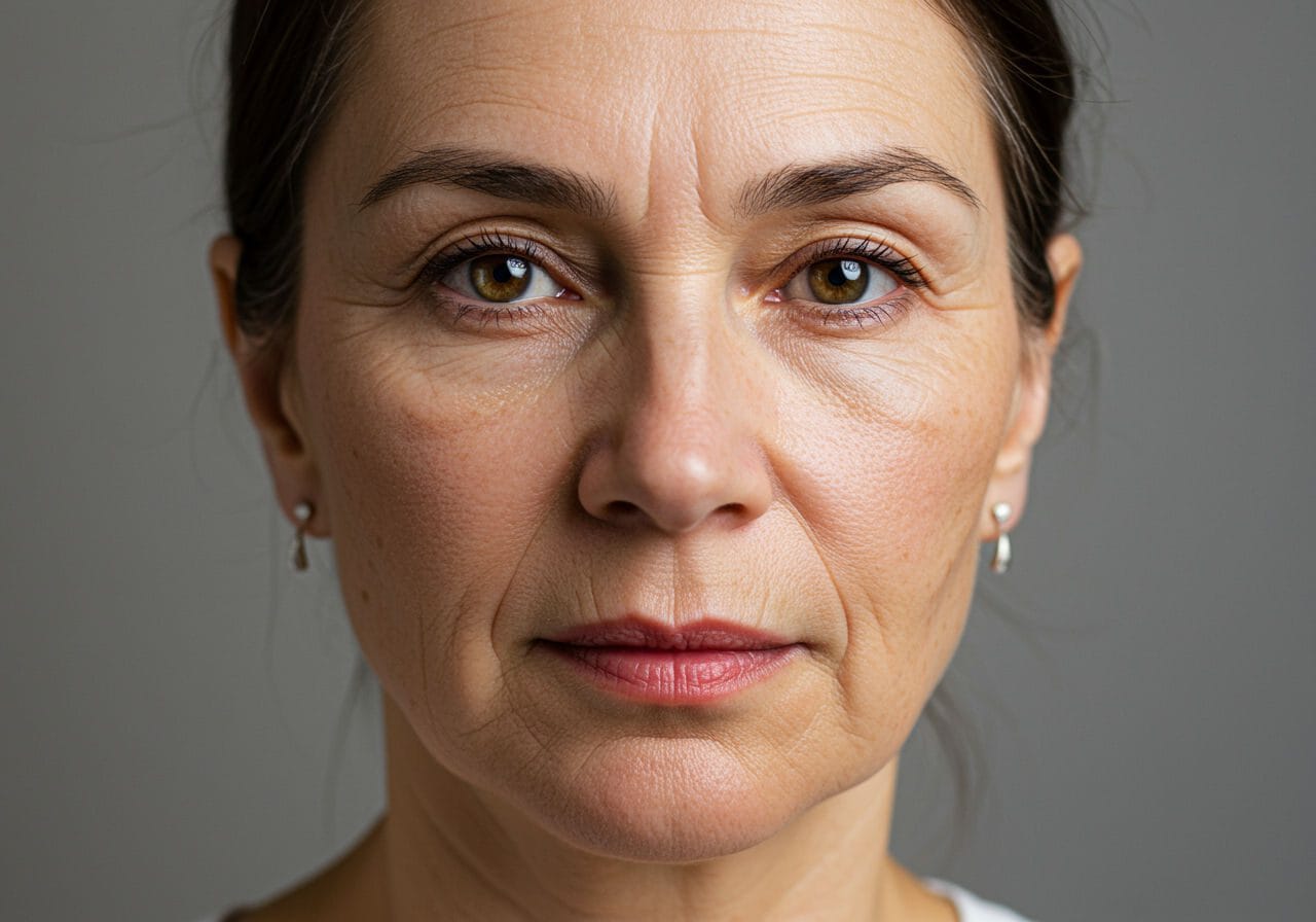 A photorealistic shot capturing a close-up of a middle-aged Romanian woman's face, focusing on the fine lines and wrinkles around her eyes and mouth. The image should show natural, expressive wrinkles formed from repeated facial movements, highlighting the areas most prone to expression lines.