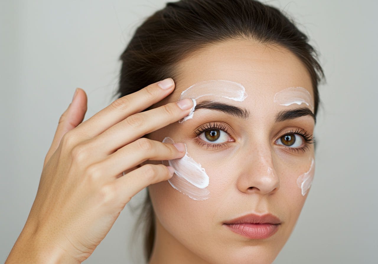 A photorealistic shot capturing a hand applying sunscreen to a face, focusing on key areas prone to wrinkles such as the forehead, around the eyes, and mouth. The image should show a generous amount of SPF cream being smoothly applied, emphasizing the importance of sun protection in preventing expression lines.