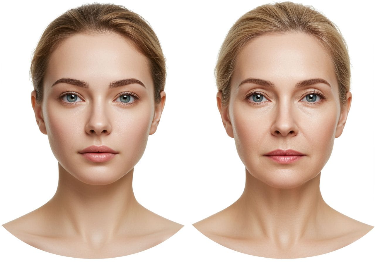 A photorealistic shot capturing a side-by-side comparison of two faces: one young with smooth skin, and one older with visible expression lines. The image should highlight the differences in skin elasticity and collagen levels, showing how repeated facial movements lead to the formation of wrinkles over time.