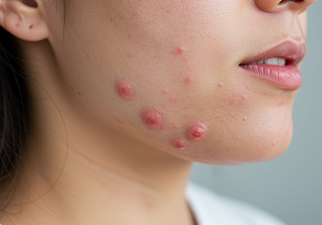 A photorealistic shot capturing a close-up of a woman's lower face, focusing on her chin and jawline area. The skin shows several inflamed, red acne lesions typical of hormonal acne. The image should depict the characteristic distribution of hormonal acne, with cystic pimples concentrated along the jawline and chin.