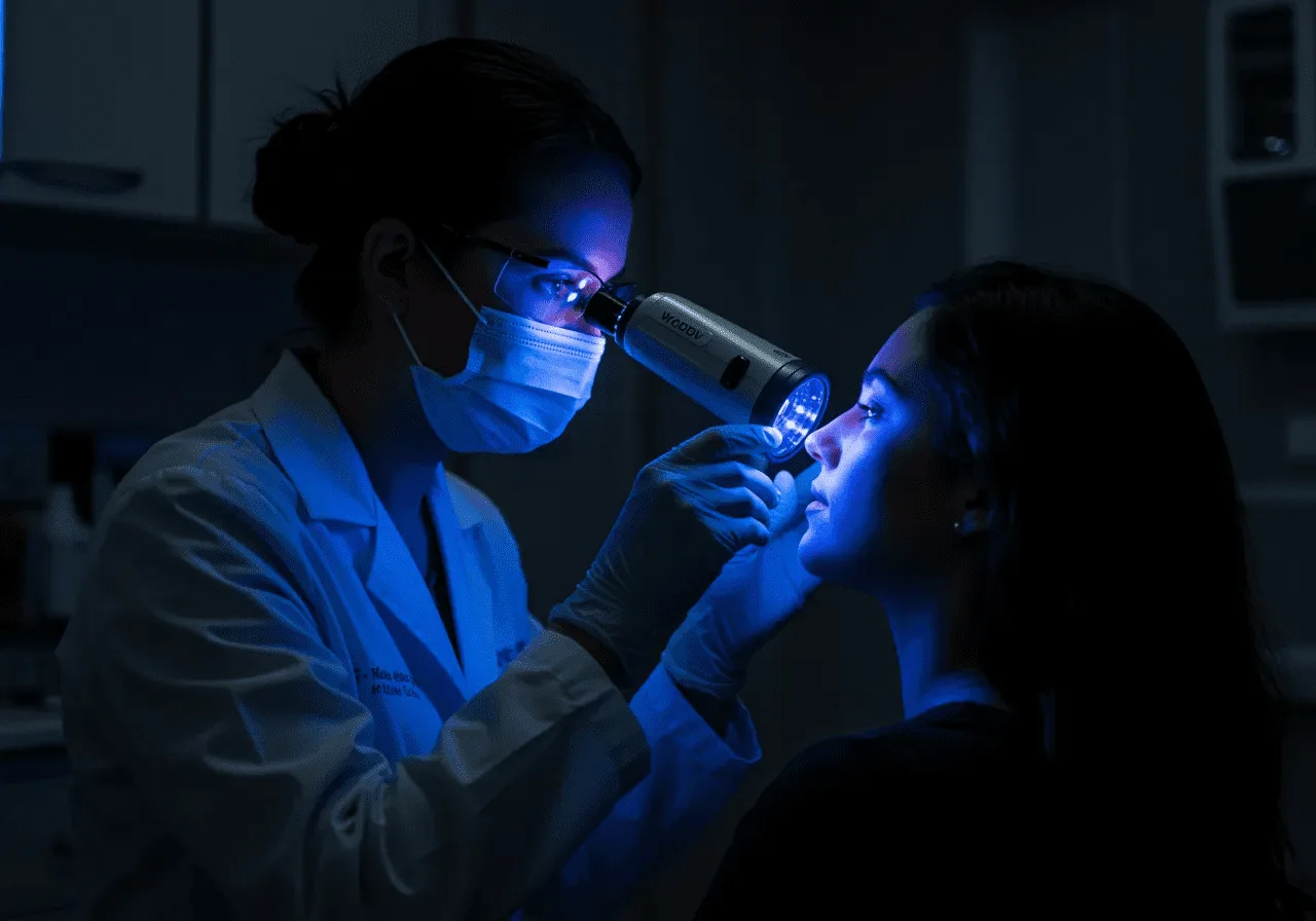 Lampa Wood folosită pe o pacientă pentru a identifica anumite afecțiuni ale pielii