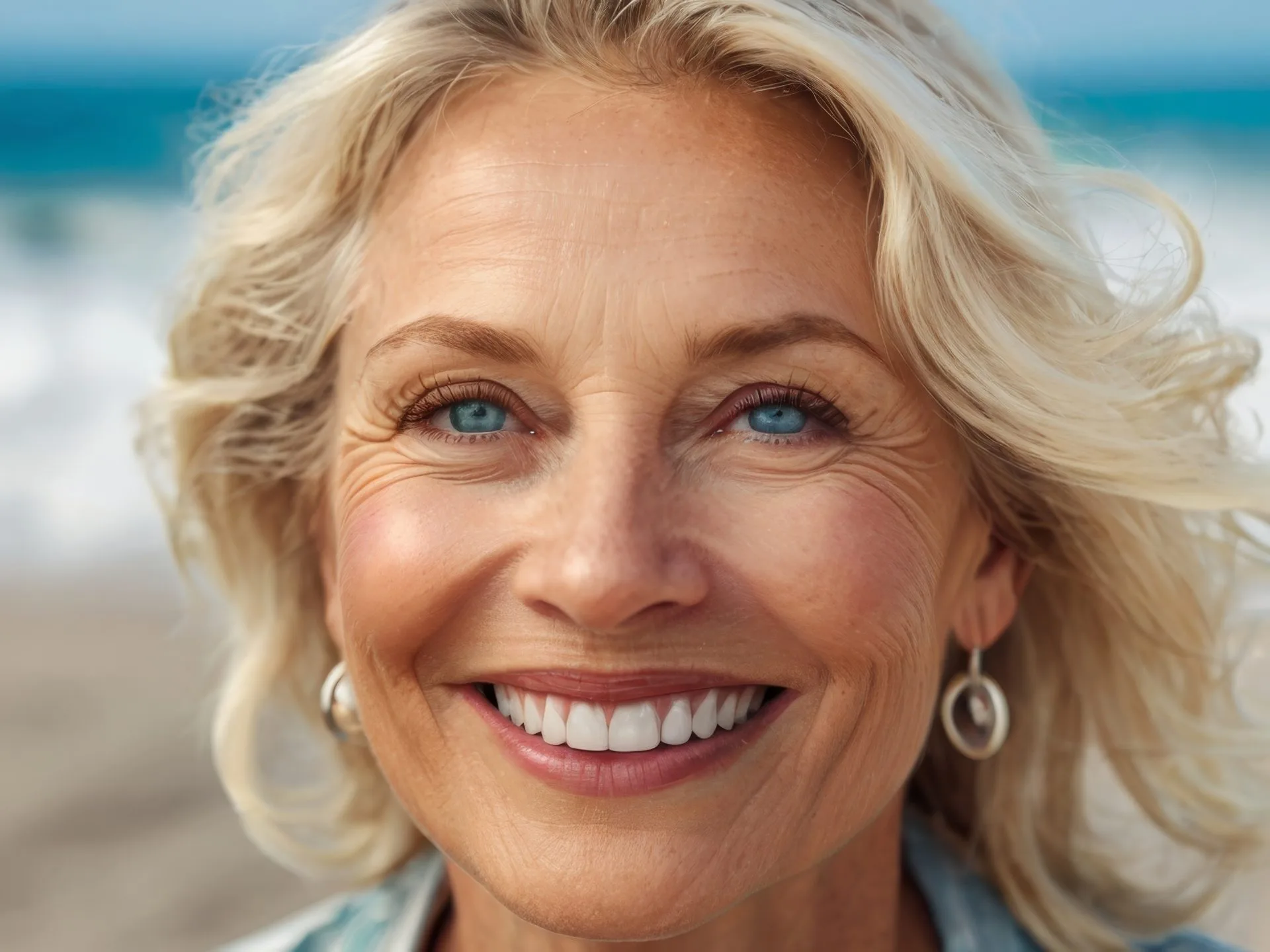 Well-groomed happy elderly blonde woman with long ash-colored hair on the seashore. Portrait of a 55 year old woman