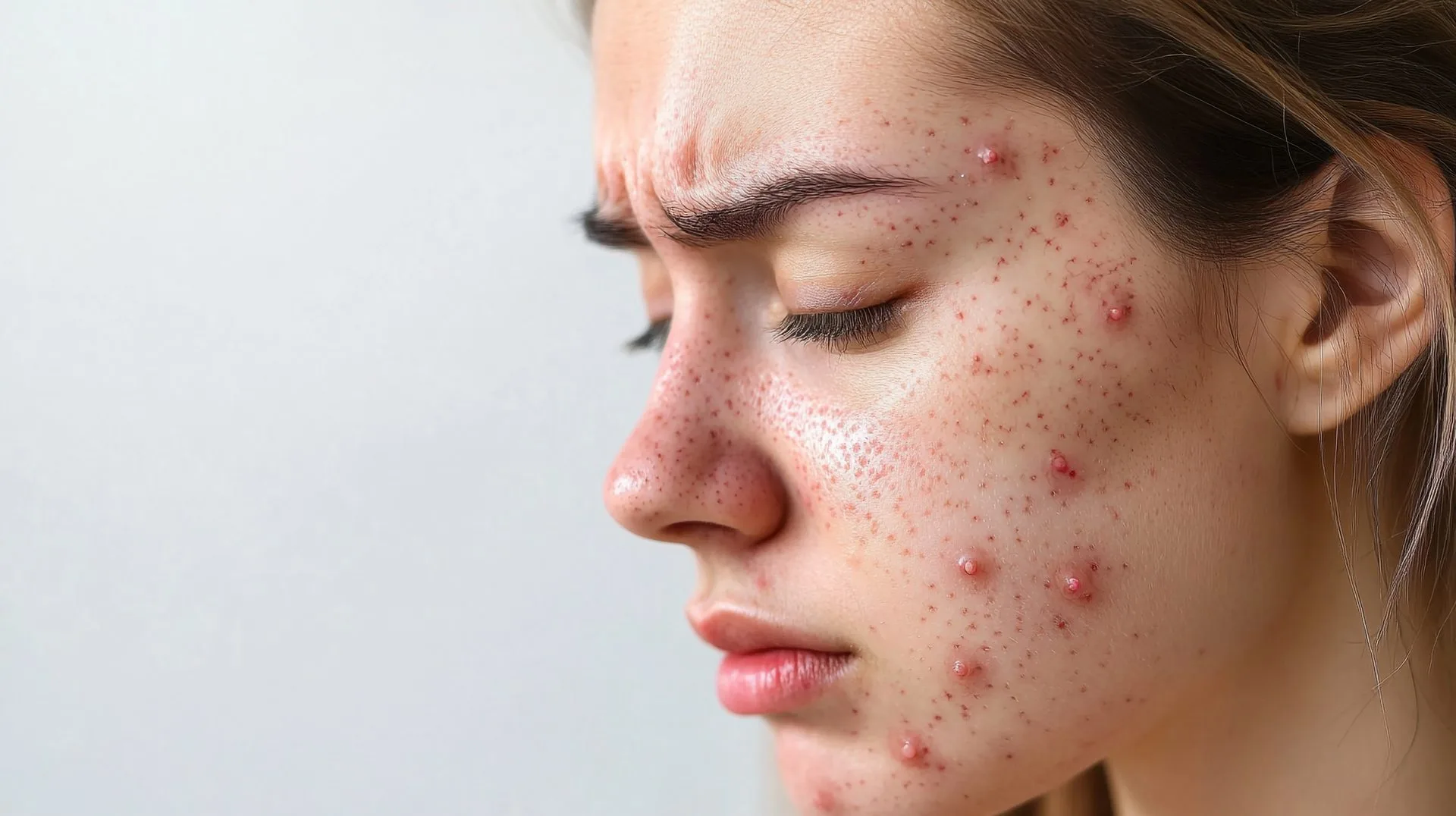 Woman's face with acne, eyes closed, standing in front of a blank background with visible skin issues, a beauty shot and a close up.