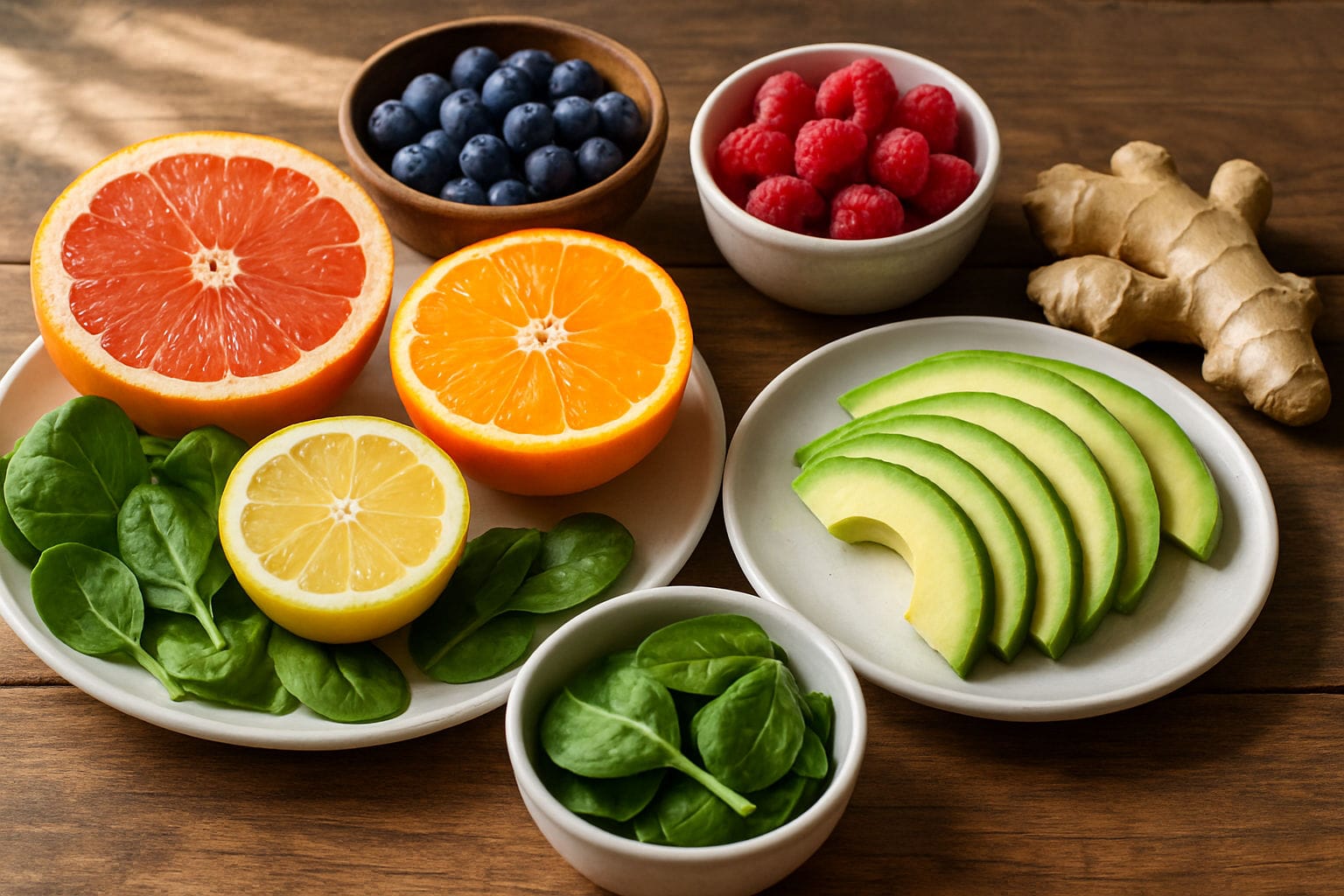 A photorealistic shot capturing a vibrant and colorful arrangement of foods beneficial for lymphatic drainage, including citrus fruits, berries, leafy greens like spinach, avocado slices, and ginger root, arranged on a wooden table with natural light streaming in, composition highlighting the freshness and health benefits of the ingredients, promoting a balanced diet and wellness, setting a tone of healthy lifestyle and mindful eating, with a focus on foods supporting detoxification and fluid balance.
