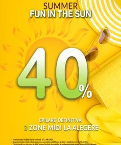 Oferta de iulie cu discount 40% scris mare, fundal galben cu soare, palarie de soare, ochelari de soare, propsop de plaja si papuci.