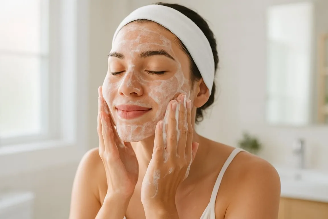 Femeie care își curăță tenul cu produse speciale