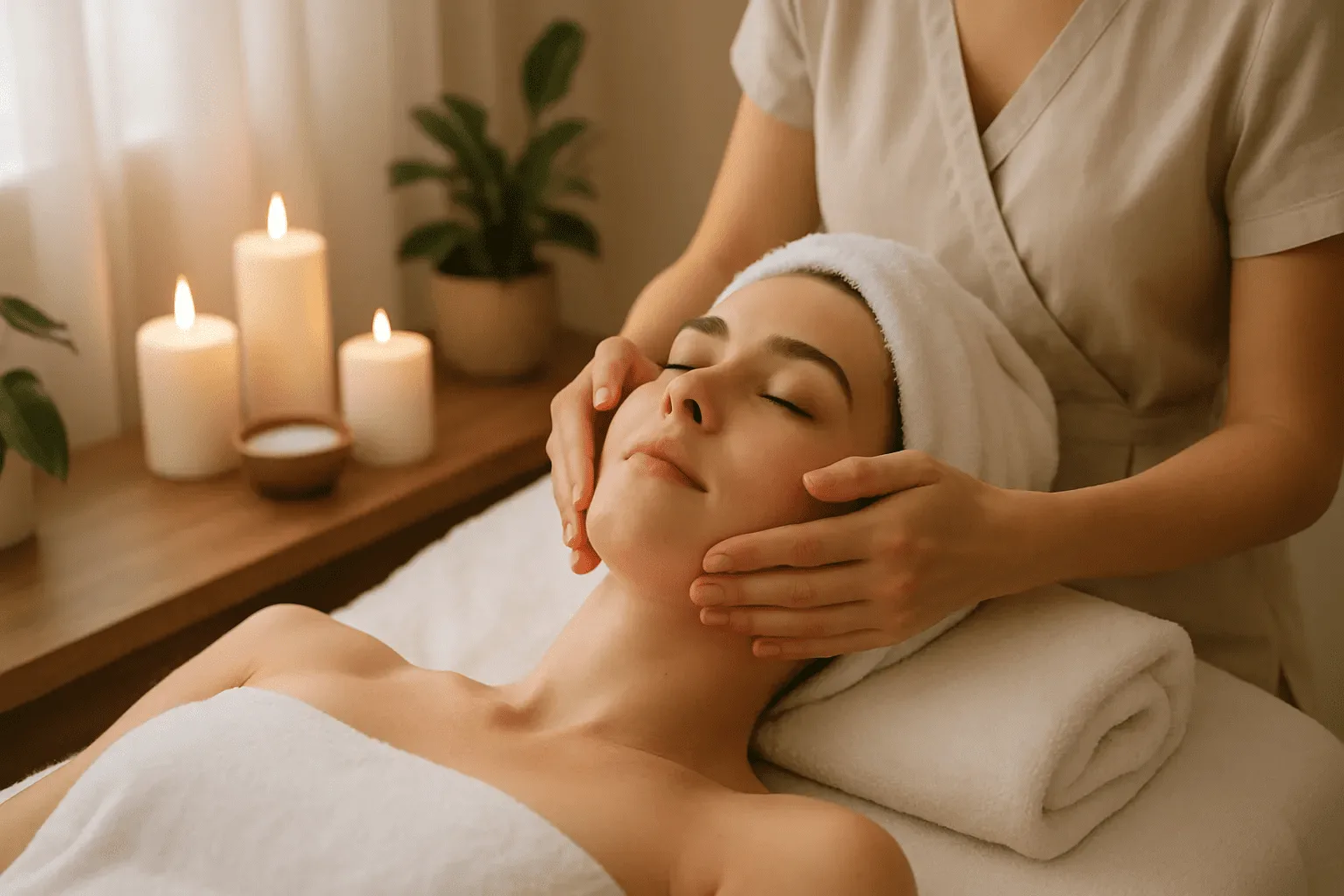Femeie relaxată beneficiind de un masaj facial