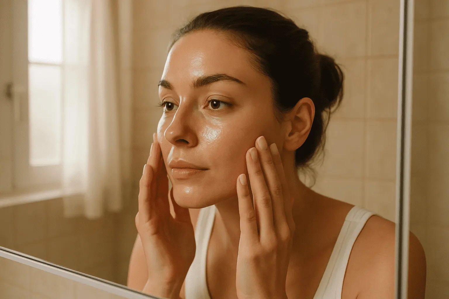Femeie tanara cu ten luminos inspectandu-si pielea hidratata in oglinda