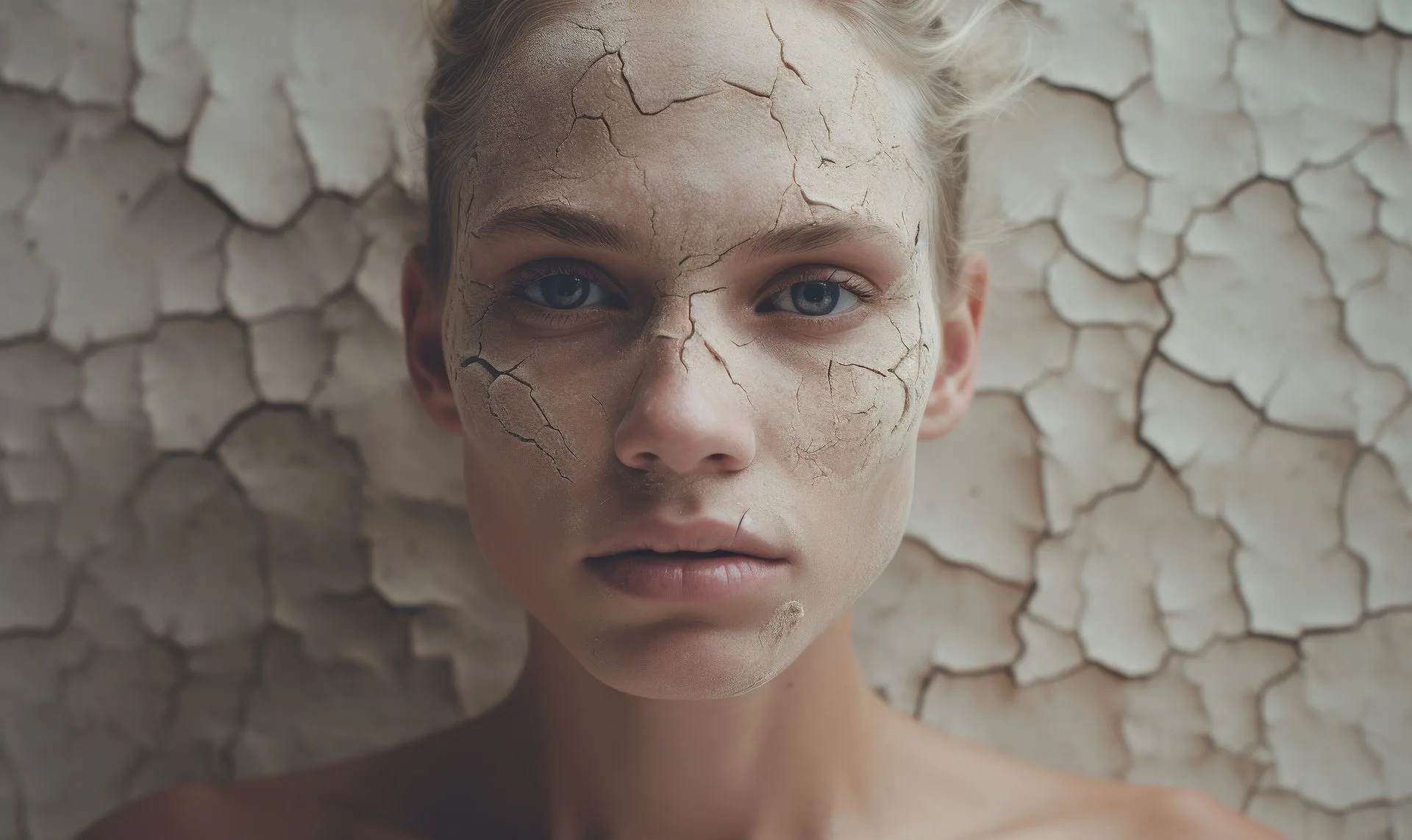Reprezentare artistică a tenului uscat - femeie cu efect de pământ uscat și crăpat pe față