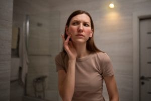 Femeie stresată analizându-și tenul în oglindă