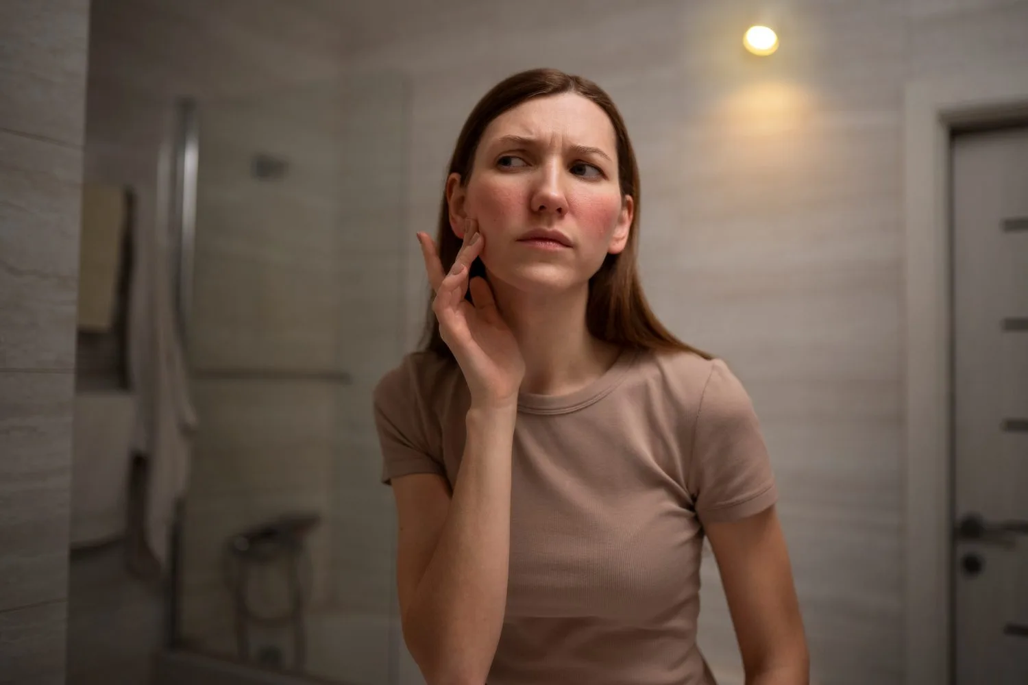 Femeie stresată analizându-și tenul în oglindă