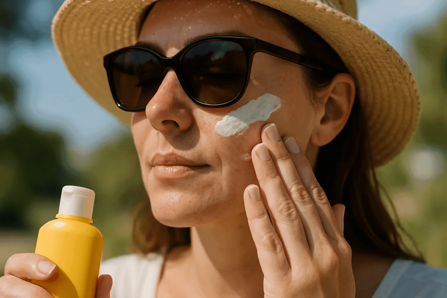 tratament pete pigmentare00001 O femeie cu pălărie și ochelari de soare aplicând cremă de protecție solară cu SPF ridicat pentru a-și proteja tenul.