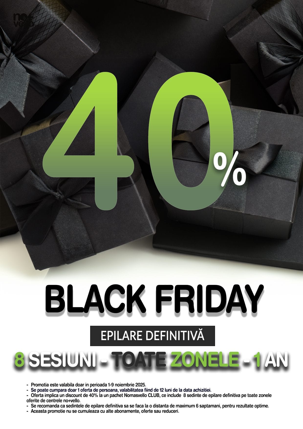 oferta black friday cu 40% scris mare cu verde pe un fond cu cutii de cadou negre.