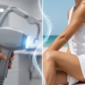 imagine divizata, in stanga un capat de laser epilare, iar in dreapta o femeie la plaja