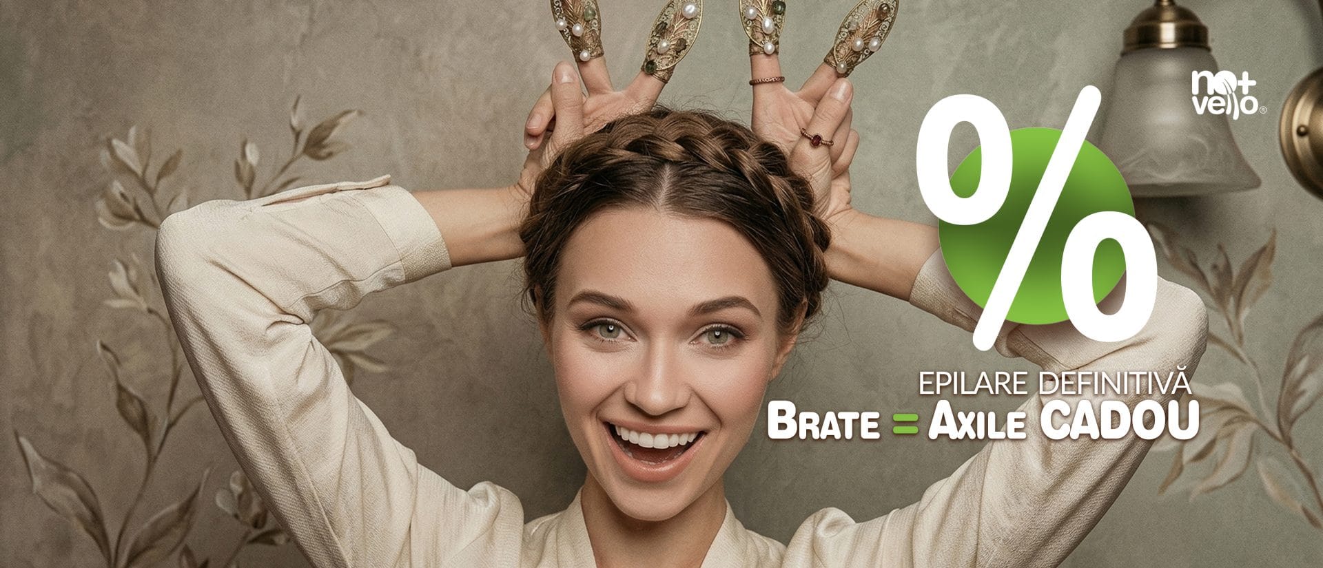 Elegant youg woman with finger decorations imitating bunny ears