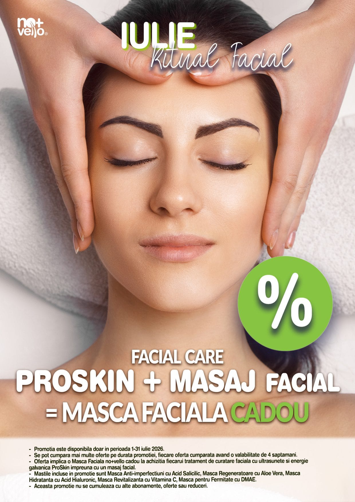 Ofertă tratament facial Nomasvello iulie. Pachet Ritual Facial ce include curățare facială ProSkin, masaj facial de relaxare și o mască facială cadou pentru hidratarea și revitalizarea tenului.